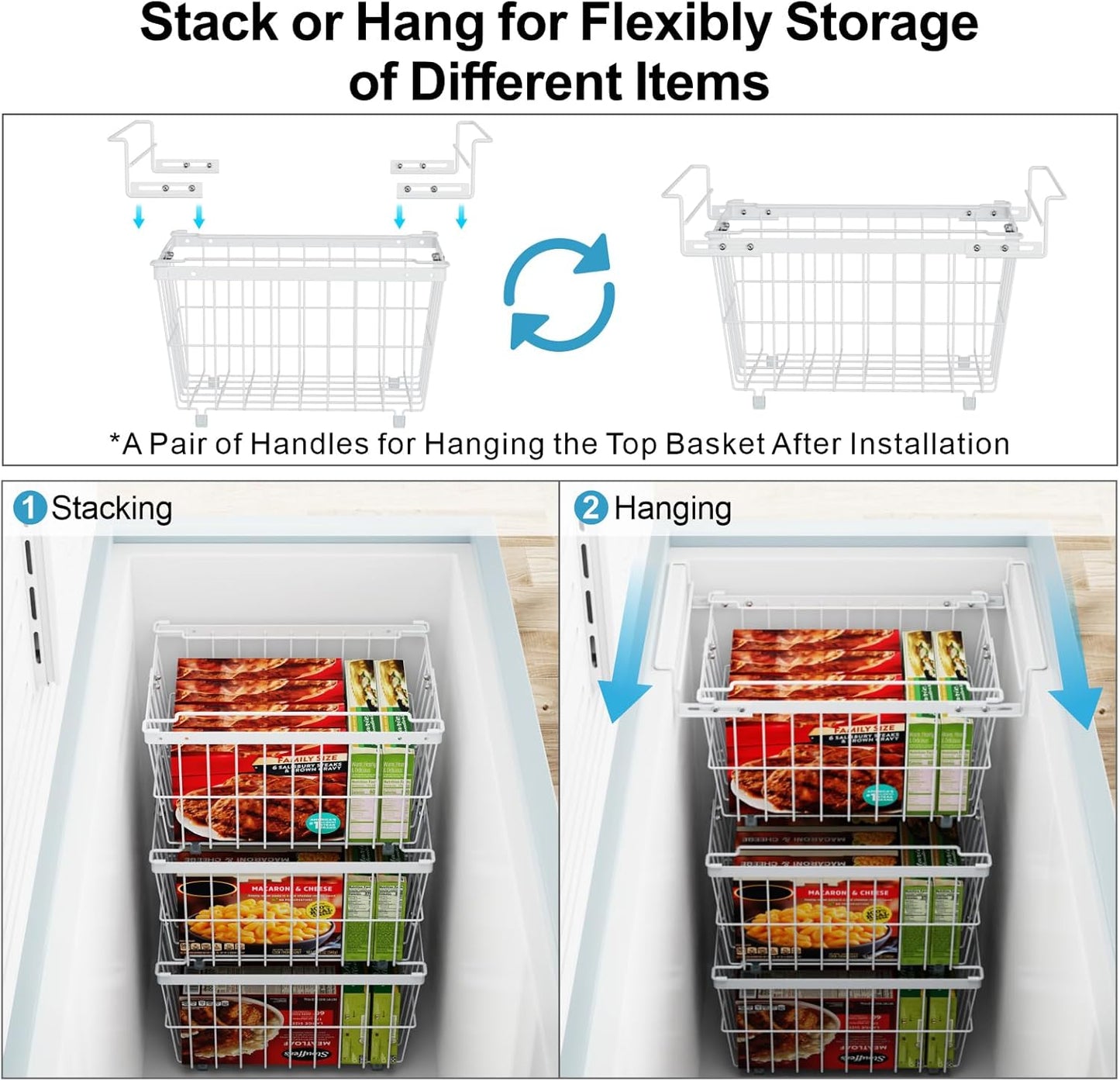 iSPECLE Freezer Organizer Bins - 2 Pcs Hanging Baskets for Deep Freezer, Adjustable Wider & Deeper Chest Freezer Organizer Bins for 5 to 9 Cu Ft, Extra Large & Easy Organize, White