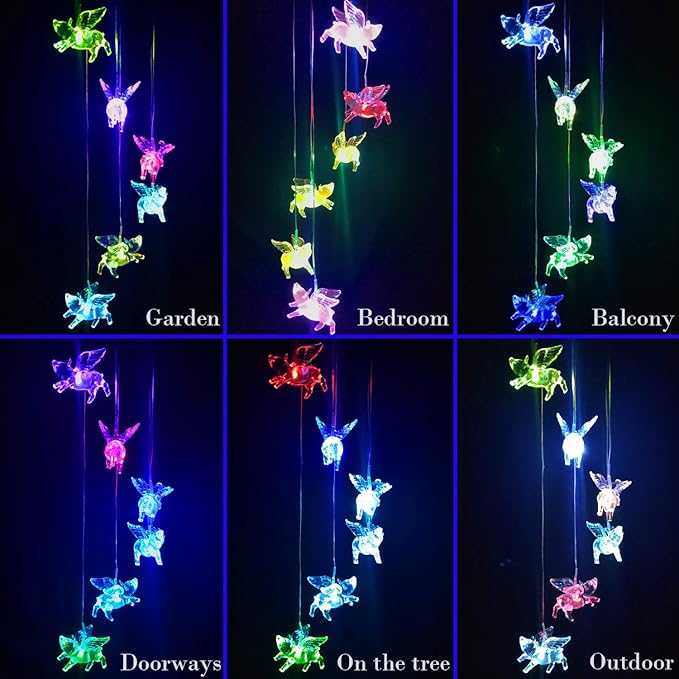 Solar Fly Pigs Wind Chimes, Outdoor Waterproof Mobile Romantic LED Multi Color-Changing Solar Sensor Powered Pig Wind Chimes Lights for Home, Yard, Night Garden, Party, Valentines Gift, Festival Decor