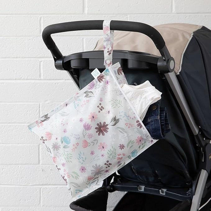 Bumkins Waterproof Wet Bag for Baby, Travel, Swim Suit, Cloth Diapers, Pump Parts, Pool, Beach, Gym Clothes, Toiletry, Hook to Stroller, Daycare, Zipper Reusable Wetdry Packing Pouch, Florals Gray
