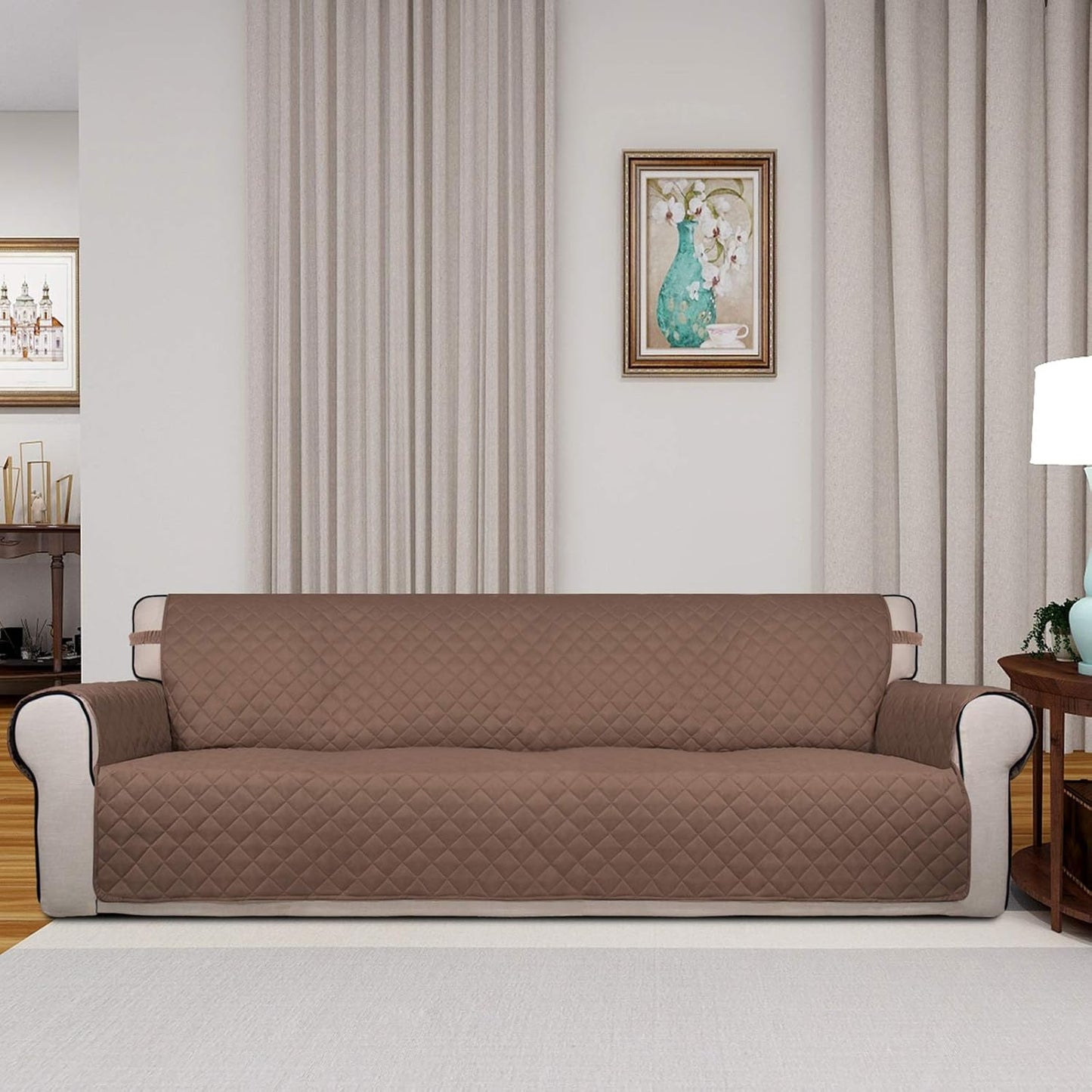 PureFit Reversible Quilted Sofa Cover, Water Resistant Slipcover Furniture Protector, Washable Couch Cover with Non Slip and Elastic Straps for Kids, Dogs, Pets (XX Large, Brown/Beige)