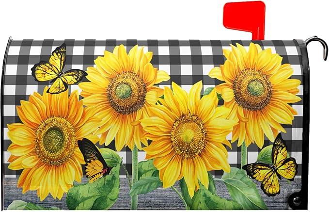 Sunflower Butterfly Magnetic Mailbox Cover Summer Flower Black White Buffalo Plaid Mailbox Cover Large Size 25.5" x 21" Yellow Floral Post Letter Box Wraps for Outdoor Garden Yard Home Decor