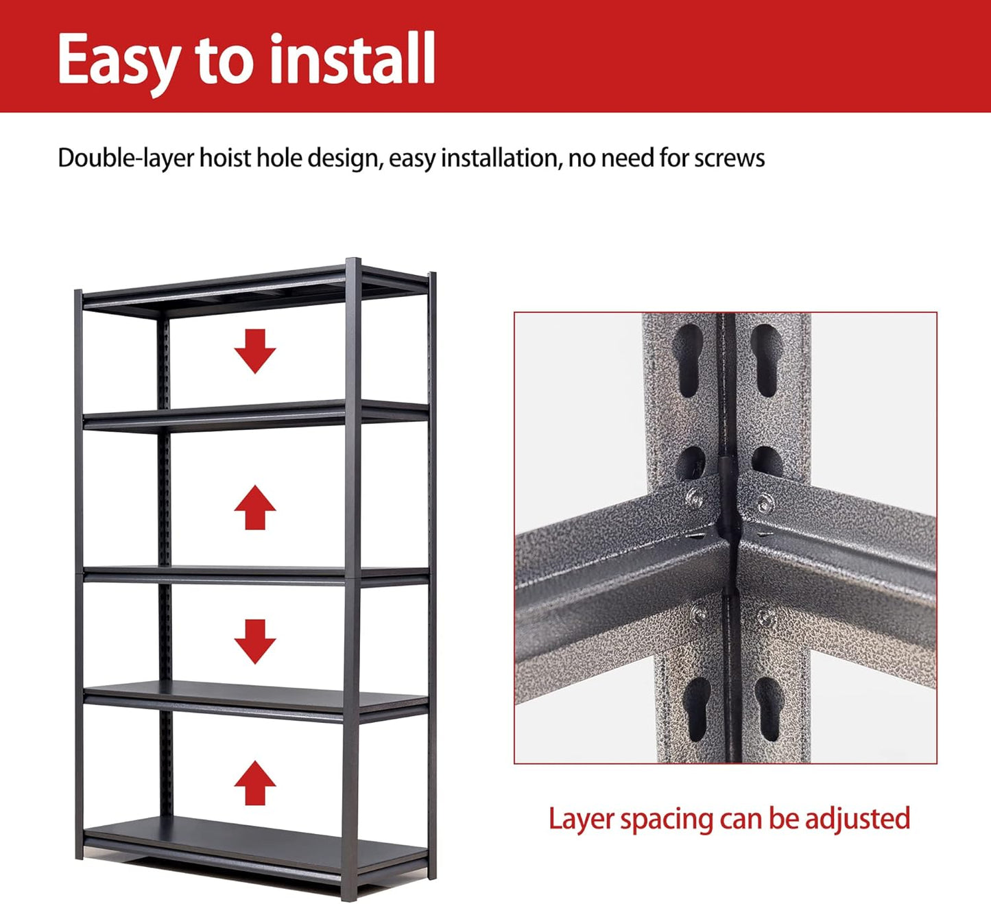 78" H Garage Shelving, Metal Storage Shelves, 3000LBS Heavy Duty Shelving, Adjustable 5 Tier Storage Rack, Industrial Utility Shelf for Garage, Warehouse, Kitchen,18" D×47.5" W×78" H, Black