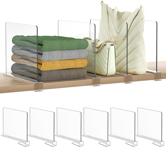 Shelf Dividers Purse Organizer for Closet: 6-Pack Acrylic Bag Storage Organizer for Handbags, Clutches, Clothes, Sweater, Towel on Wood Shelves