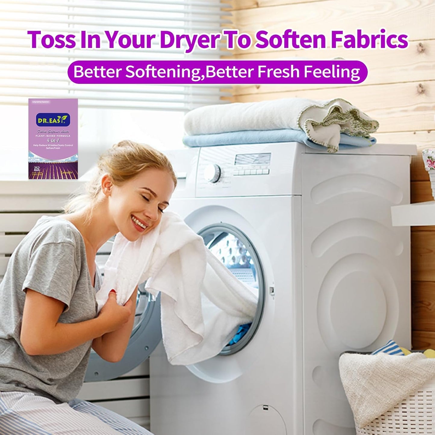 DR.EASY Dryer Sheets Plant Based Formula 252 Ct Fabric Softener sheets for Laundry Lavender Essential Oil Scented No Artificial Fragrances No Dyes Reduce Static & Wrinkles Help Repel Pet Hair