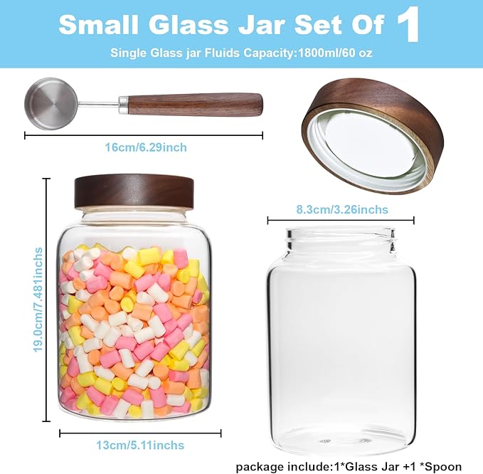 Glass Coffee Jars Spice Jar Round Storage Canister with Wooden Lid Clear Glass Food Jar for Pantry Sugar Tea Coffee Bean Spice Nuts Cookies Bath Salts (1800ml/60oz-2PACK（with spoon))