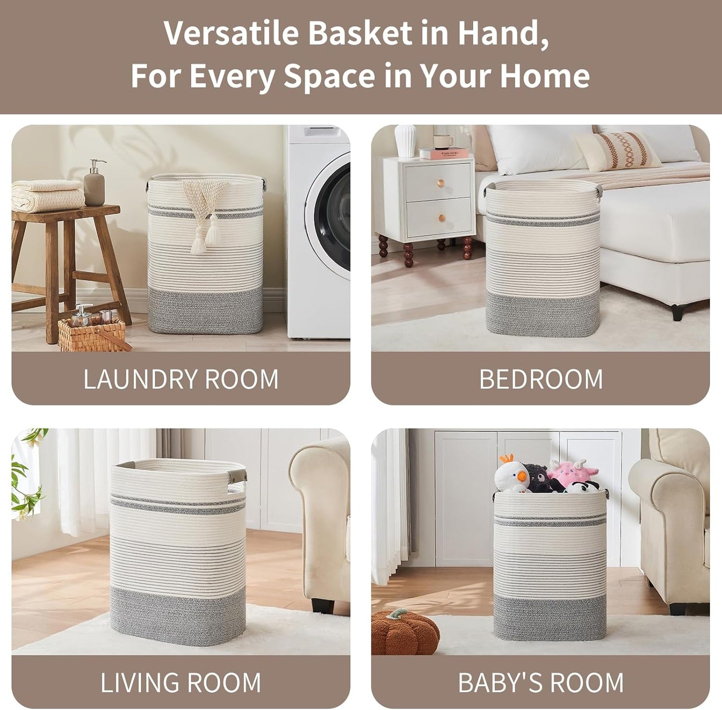 Laundry Basket with Handles - Blanket Basket & Hampers for Bedroom Aesthetic, Laundry Hamper & Blanket Storage for Living Room, Clothes Hamper, Tall, Large 17" x 14" x 22”, Grey & White