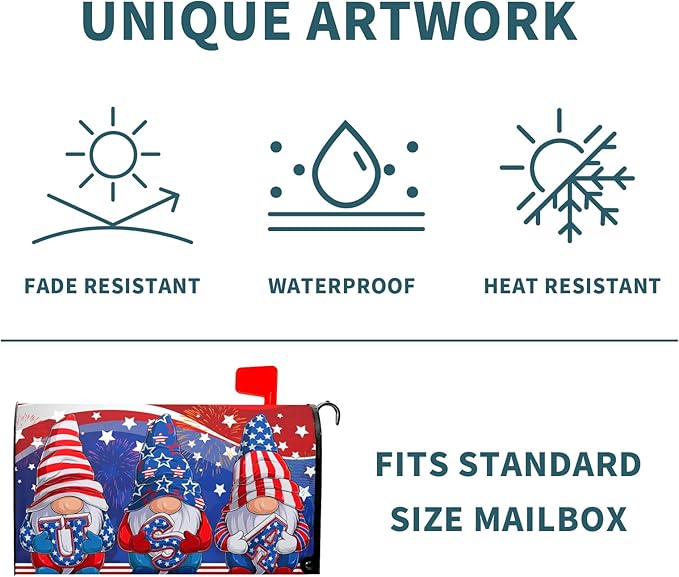 Patriotic Gnomes USA Flag Mailbox Cover Independence Day July 4th Mailbox Covers Oversize 25.5"" x 21"" Happy Holiday Waterproof Post Box Cover Wraps for Outdoor Garden Yard Home Decor