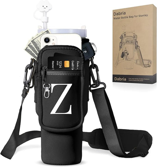 dabria Initial A-Z Water Bottle Bag with Phone Pocket for Stanley 40 oz Tumbler Neoprene Water Bottle Holder Pouch with Adjustable Strap Bollus with Straw Cover & Carabiner for Stanley Cup Accessories