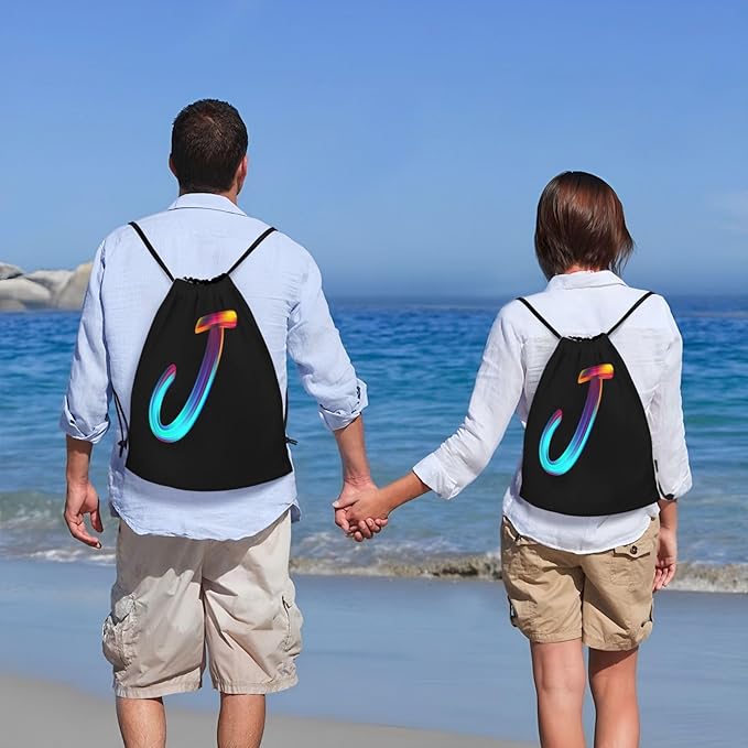 Drawstring Bags Initial Drawstring Backpack Sackpack Black Draw String Cinch Bags for Sports, Gym, Travel, Swimming, Beach, Camping, Rainbow Letter J
