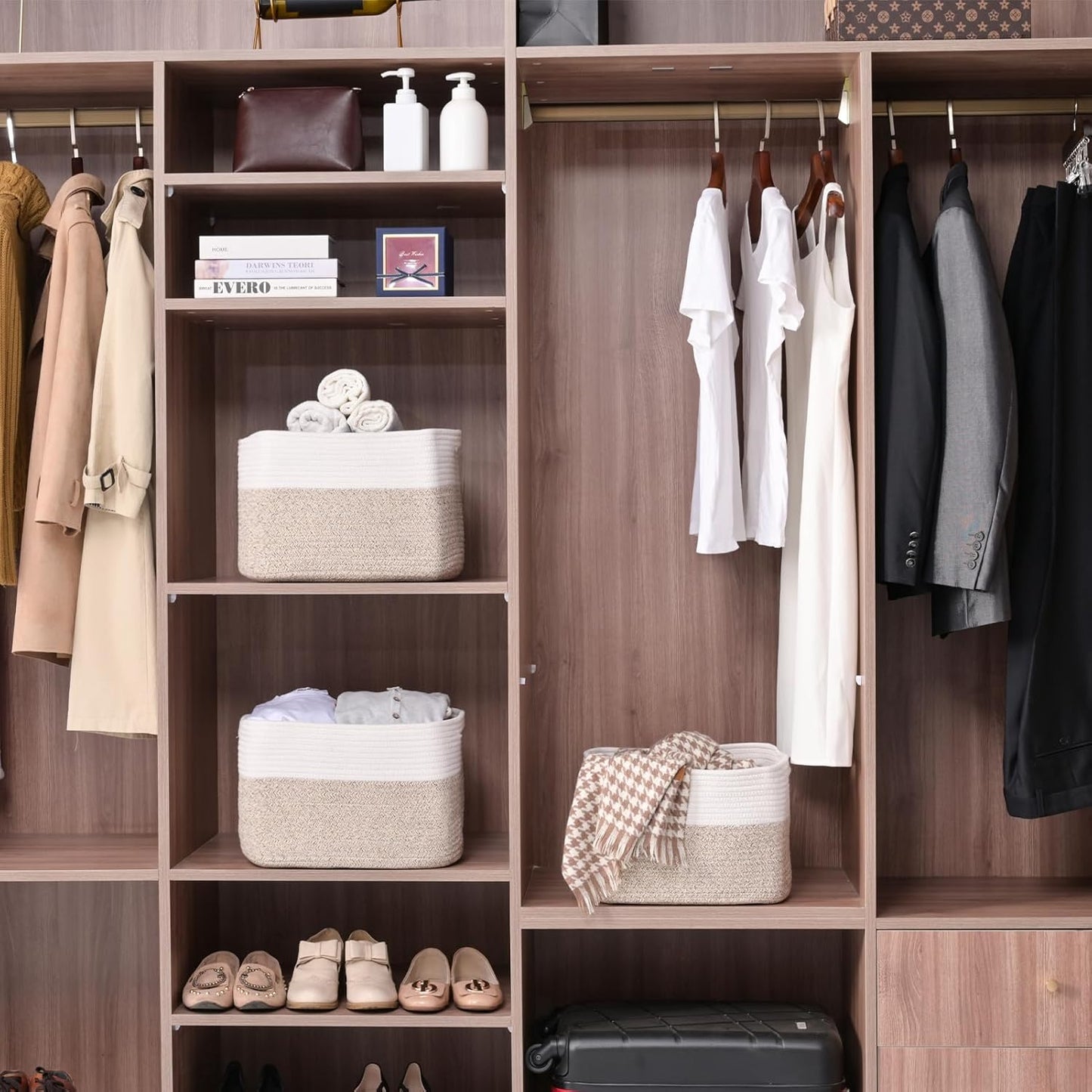 Storage Baskets for Organizing, Woven Cotton Rope Basket for Storage Books, Baby Organizing Baskets, Toy Storage Basket, 15"x11"x9.5", 3 Packs, Off White & Brown