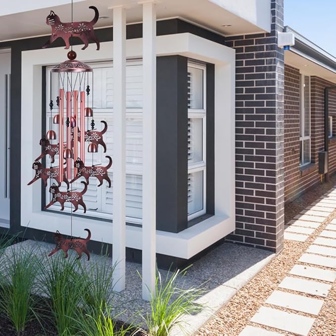 Outdoor Cat Wind Chimes Gifts for Mom - with 4 Tubes 6 Bells 7 Cats Wind Bell, Romantic Wind Catcher, Mobile Cat Decor, Cats Bell, Cats Windchimes for Home, Balcony, Tree, Festival, Garden Decoration