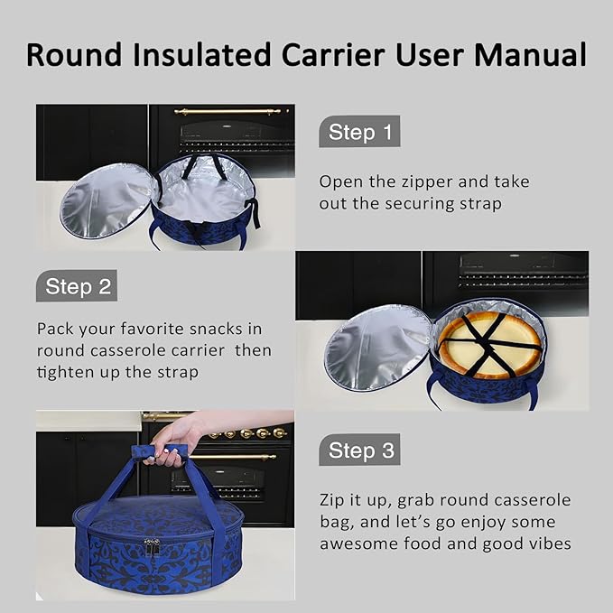 Round Insulated Pie Carrier – Thermal Portable Lunch Transport Cheesecake Cake Dish Container Bag Keep Food Hot/Cold/Fresh for Potlucks Parties Gathering/Cookouts/Church Dinner/Outdoor Events-Blue