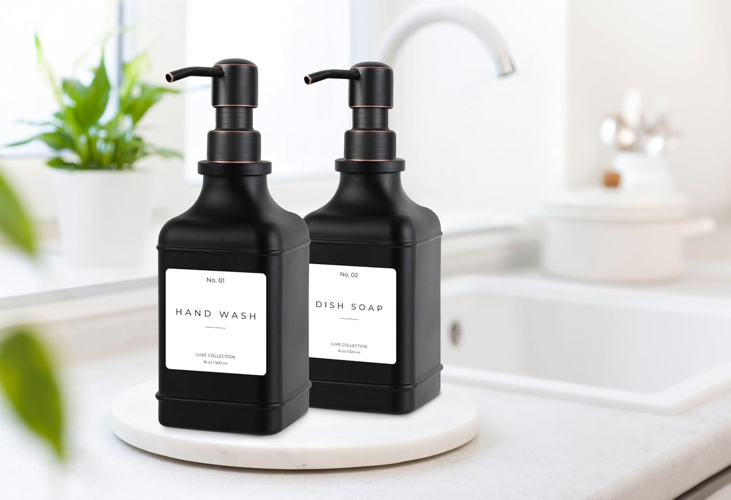 Emerson Essentials Soap Dispenser, Dish Soap Dispenser, Soap Bottle Farmhouse - Hand Soap Dispenser, Kitchen Soap Dispenser Set - Glass Soap Dispenser with Pump and Labels, 16 Oz, 2 Pack