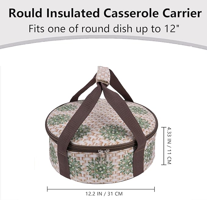 Round Insulated Pie Carrier – Thermal Portable Lunch Transport Cheesecake Cake Dish Container Bag Keep Food Hot/Cold/Fresh for Potluck Parties Gathering/Picnic/Church Dinner/Outdoor Events-Brown