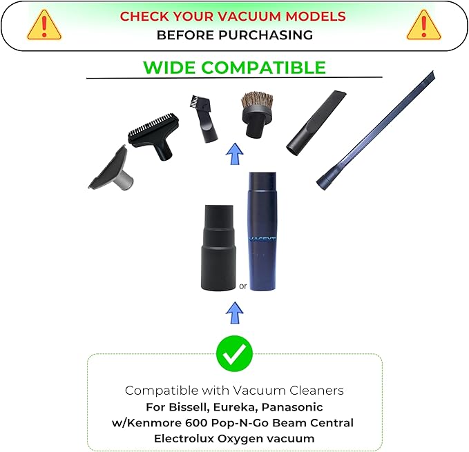 Replacement Vacuum Attachments & Brushes plus Universal Adapter Kit Compatible with Shop Vacs 2-1/4'' 1-7/8'' 1-3/8'' 1-1/4 Inch- Flexible Vacuum Crevice Attachment Tool for Shop Vac Accessories