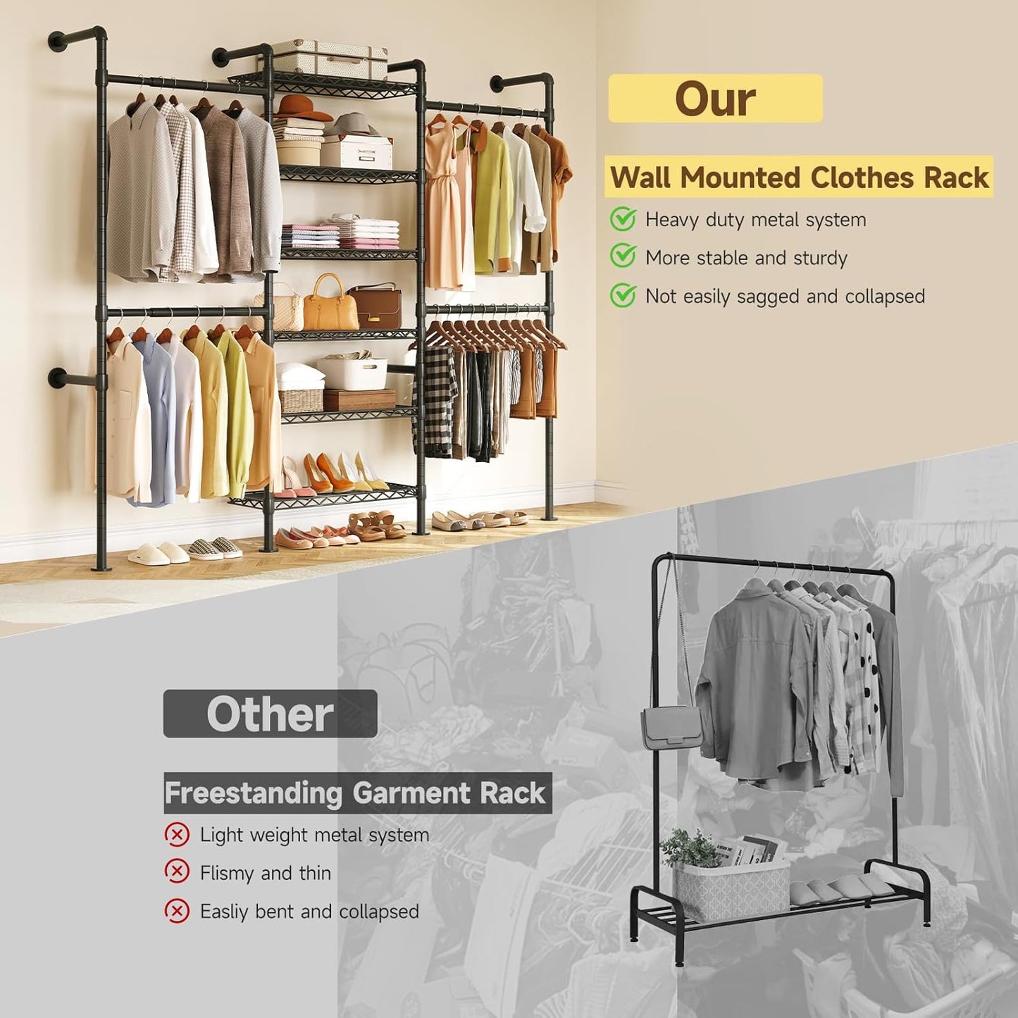 ONBRILL H3 Wall Mounted Closet System, Expandable Industrial Pipe Clothes Rack Clothing Rack for Hanging Clothes, Heavy Duty Closet Organizers and Storage in Wardrobe Closet, Black