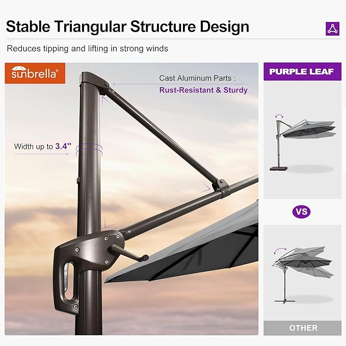 PURPLE LEAF 10FT Cantilever Patio Umbrella with 360-degree Rotation Aluminum Round Outdoor Offset Handing Umbrella for Patio Pool, Deep Grey