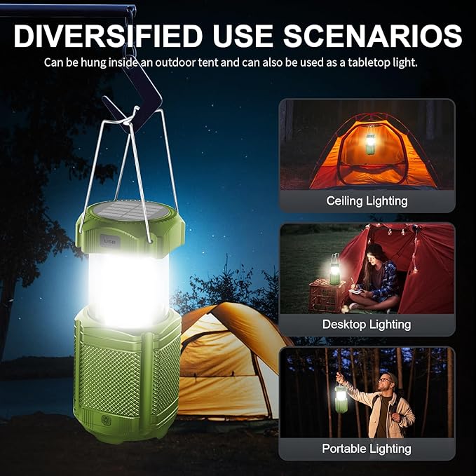 Camping Lantern 5000mAh Solar Hand Crank Telescopic LED Flashlight USB Charger for Power Outages ,Portable Rechargeable Battery Powered Operated Lanterns Lamp, Camping Gear Accessories (Green)