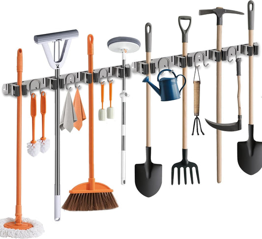 Mop Broom Holder Wall Mount, 2 Packs Silver Stainless Steel Tool Storage Organizer for Kitchen Garden Garage Laundry Room Bathroom and RV with 4 Slots 6 Hooks