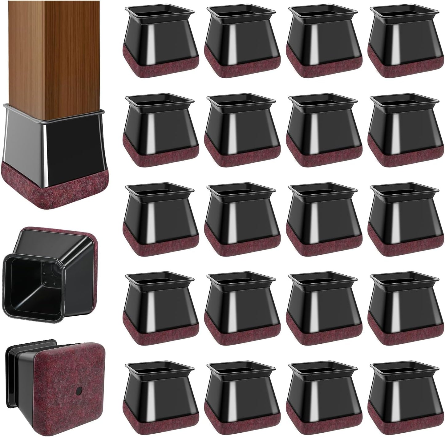 20 Pcs Chair Leg Floor Protectors for Hardwood Floors, Black Rubber Furniture Sliders with Felt, Silicone Furniture Leg Caps Covers (Fit Square Diameter:1.5" to 1.75")
