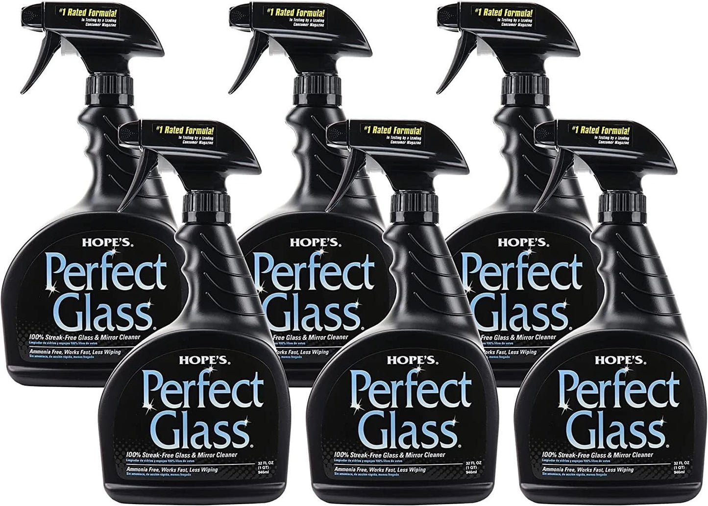HOPE'S Perfect Glass Cleaner Spray, Streak-Free, Ammonia-Free Window, Mirror, Screen, Tinted Glass, and Shower Door Cleaner, Indoor and Outdoor Glass Surfaces, 32 Fl Oz, Pack of 6