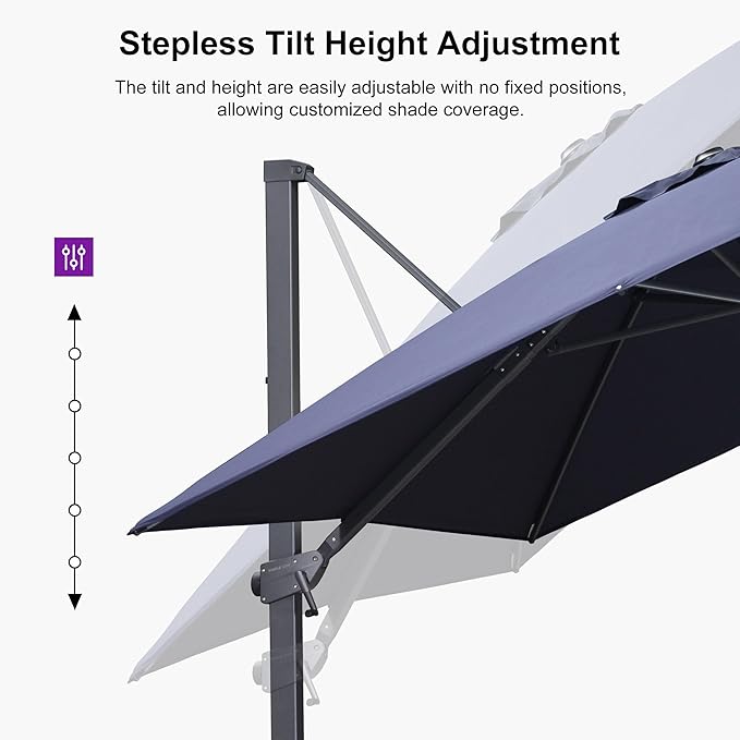 PURPLE LEAF 10' × 10' Patio Cantilever Umbrella with Base Outdoor Square Adjustable Offset Umbrellas with 360-degree Rotation and 8 Heavy Duty Metal Ribs for Garden Deck Pool Navy Blue