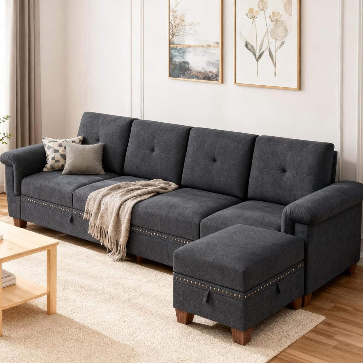 JAMFLY 108" Modular Sectional Sofa with Storage, L Shaped Sofa Couch with Reversible Ottoman, 4-Seat Convertible Sectional Couches with Cup Holders for Living Room, Apartment, Dark Grey
