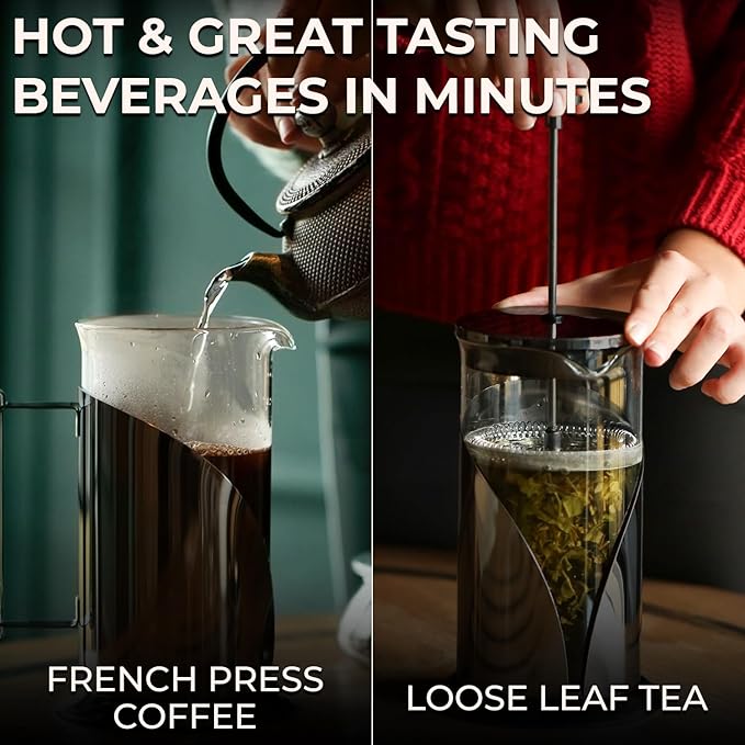 Cafe Du Chateau Stainless Steel French Press Coffee Maker - 34oz Insulated Coffee Press with 4-Level Filtration, BPA Free, Durable Glass, Great for Tea