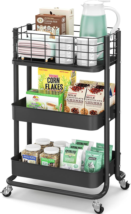 KINGRACK 3 Tier Rolling Cart, Metal Mobile Storage Shelf with Lockable Wheels, Utility Trolley Cart with Wheels, Storage Organizer for Kitchen, Office, Bathroom, Dorm, Black