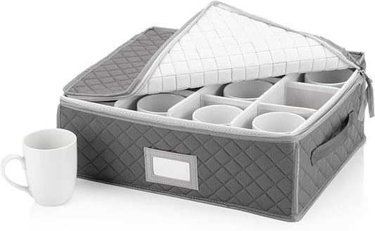Stack Store Plus More China Cup Storage Chest - Quilted Fabric Container in Gray Measuring 16" x 13" x 6"H - Perfect Storage Case for Coffee Mugs - Tea Cups - Mason Jars - Glassware