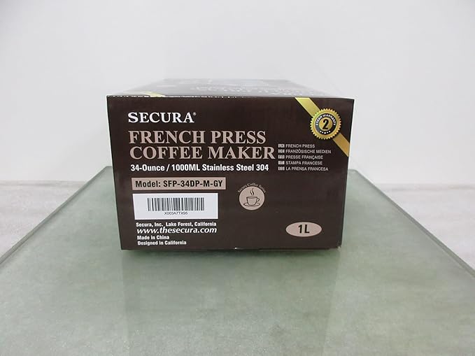 Secura French Press Coffee Maker, 304 Grade Stainless Steel Insulated Coffee Press with 2 Extra Screens, 34oz (1L), Grey
