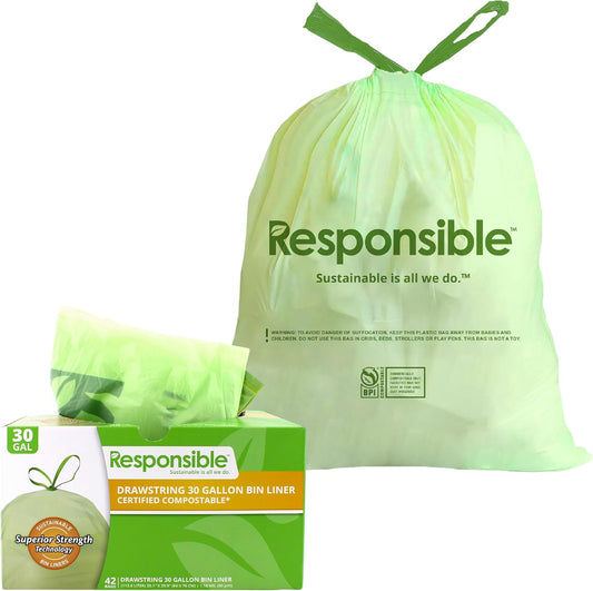 Responsible Products Kitchen Bin Liners, Certified Compostable, Heavy Duty Multipurpose Food Scrap Bags, Made from Compostable Materials (30 Gallon Drawstring, 30 Gallon (42 Count))