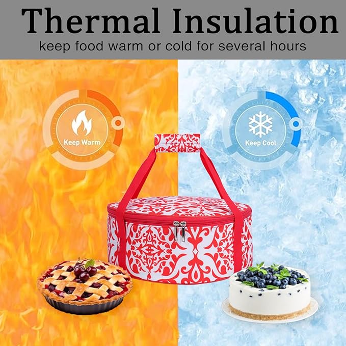 Round Insulated Pie Carrier – Thermal Portable Lunch Transport Cheesecake Cake Dish Container Bag Keep Food Hot/Cold/Fresh for Potlucks Parties Gathering/Cookouts/Church Dinner/Outdoor Events-Red