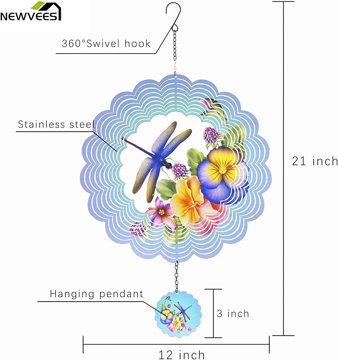 Dragonfly Metal Wind Spinners - Gifts for Women Mom Grandma Wife, Hanging Wind Spinner for Outdoor & Indoor Decorations, 12 inch Wide, 21 inch Long, Wind Spinner for Christmas Ornament Gifts