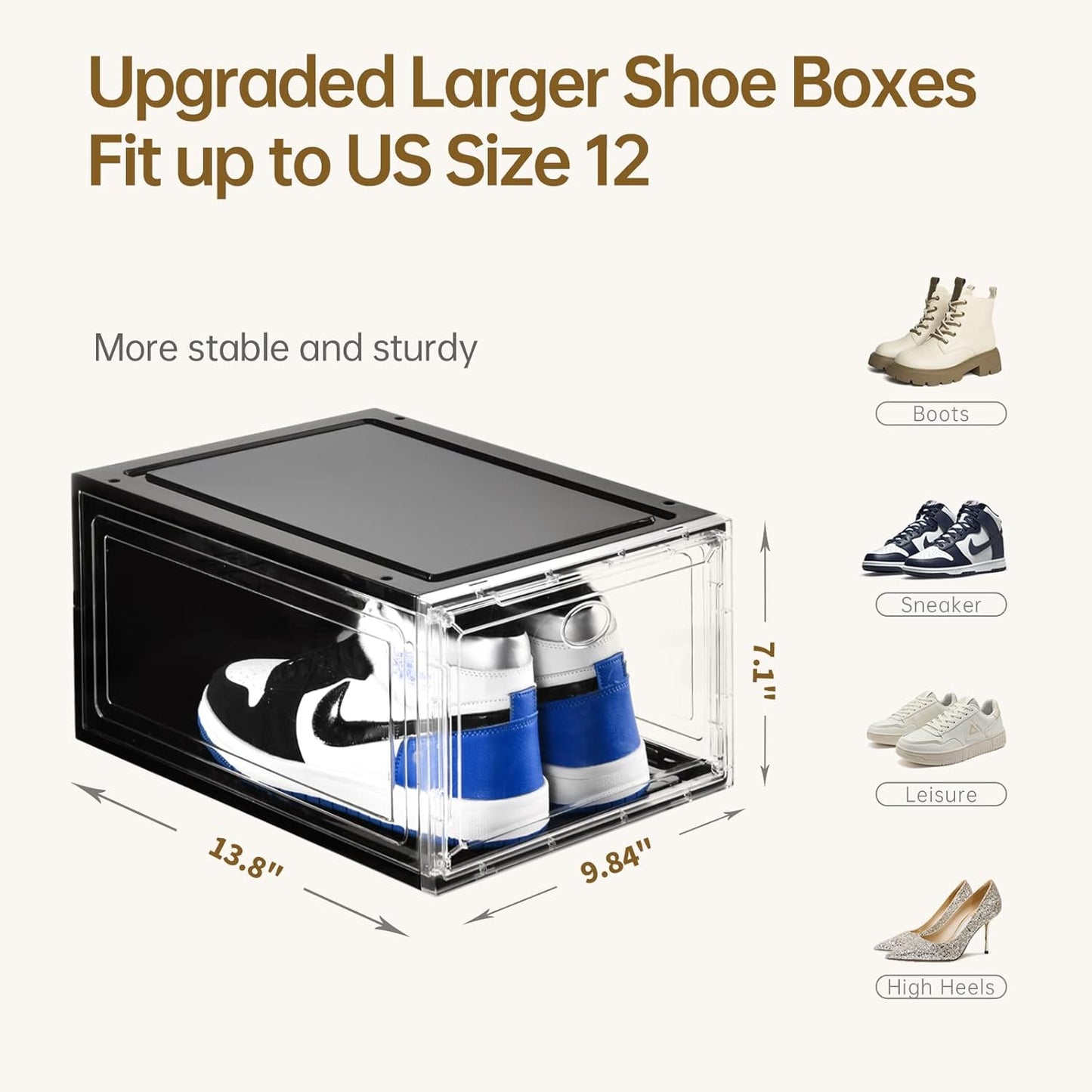 10 Pack Shoe Boxes Stackable,Upgraded Sturdy Storage Boxes with Clear Magnetic Door,Multifunctional Sneaker Organizer Fit up to US Size 12 (13.8”x 9.84”x 7.1”)