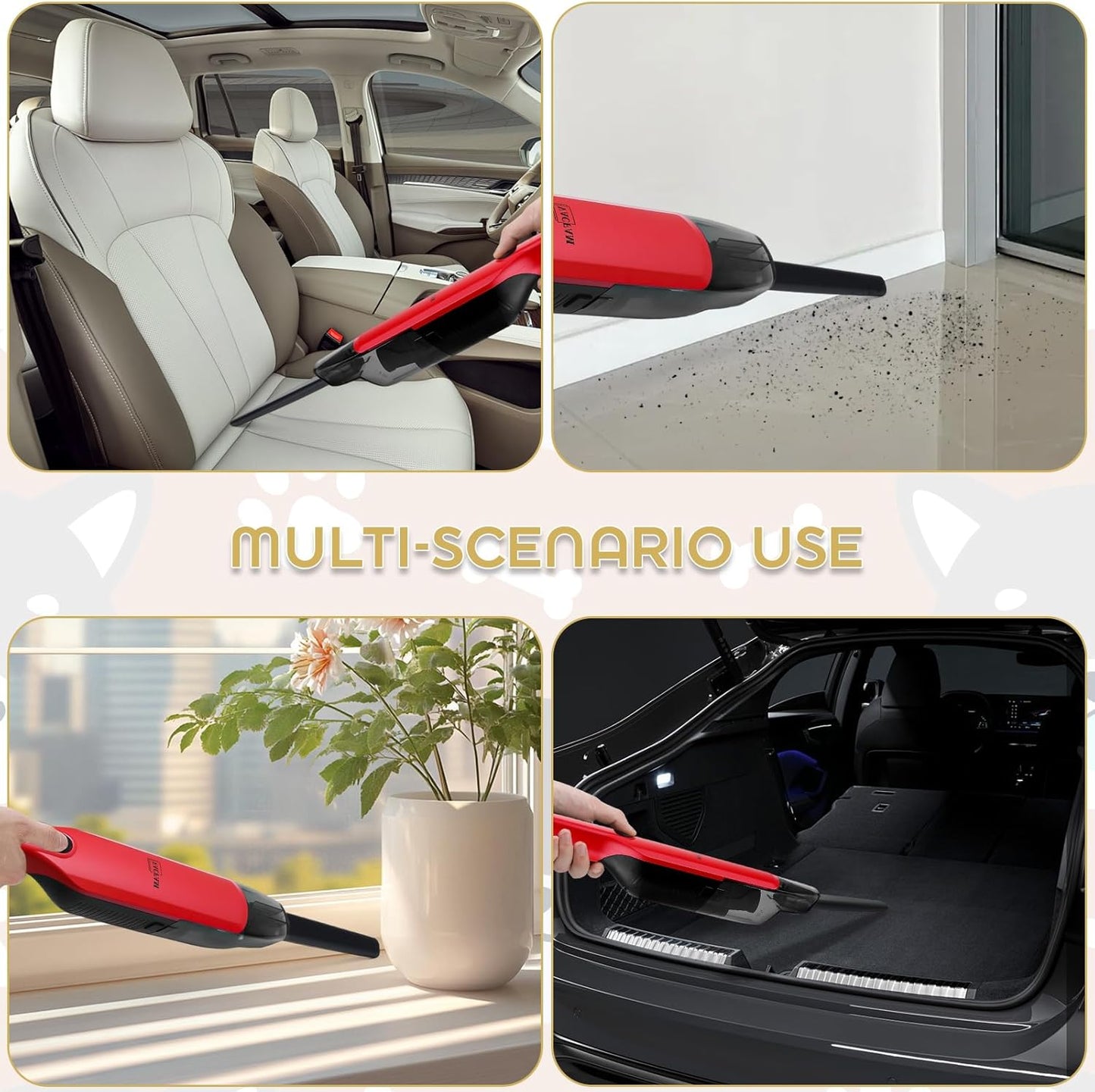 Handheld Vacuum Cordless,15KPA High Power Suction,USB Quick Charge,Car Vacuum Cleaner with Storage Dock,Lightweight Rechargeable Dust Buster with Crevice Tool Pet Brush Hand Vac for Home,Red