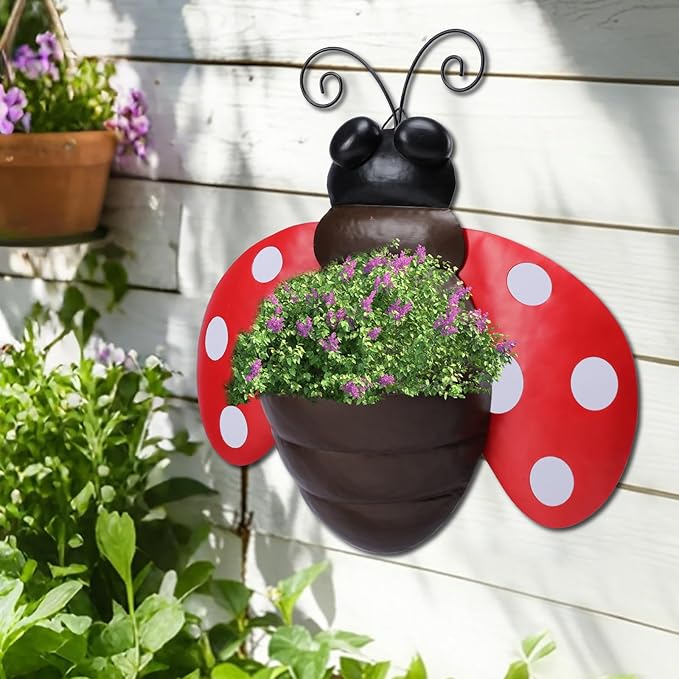 Metal Wall Planter Ladybug Wall Mounted Planters Small Flower Pot with Drainage for Indoor Outdoor Farmhouse Hanging Planter Succulent Plant Container Vertical Garden Yard Decor