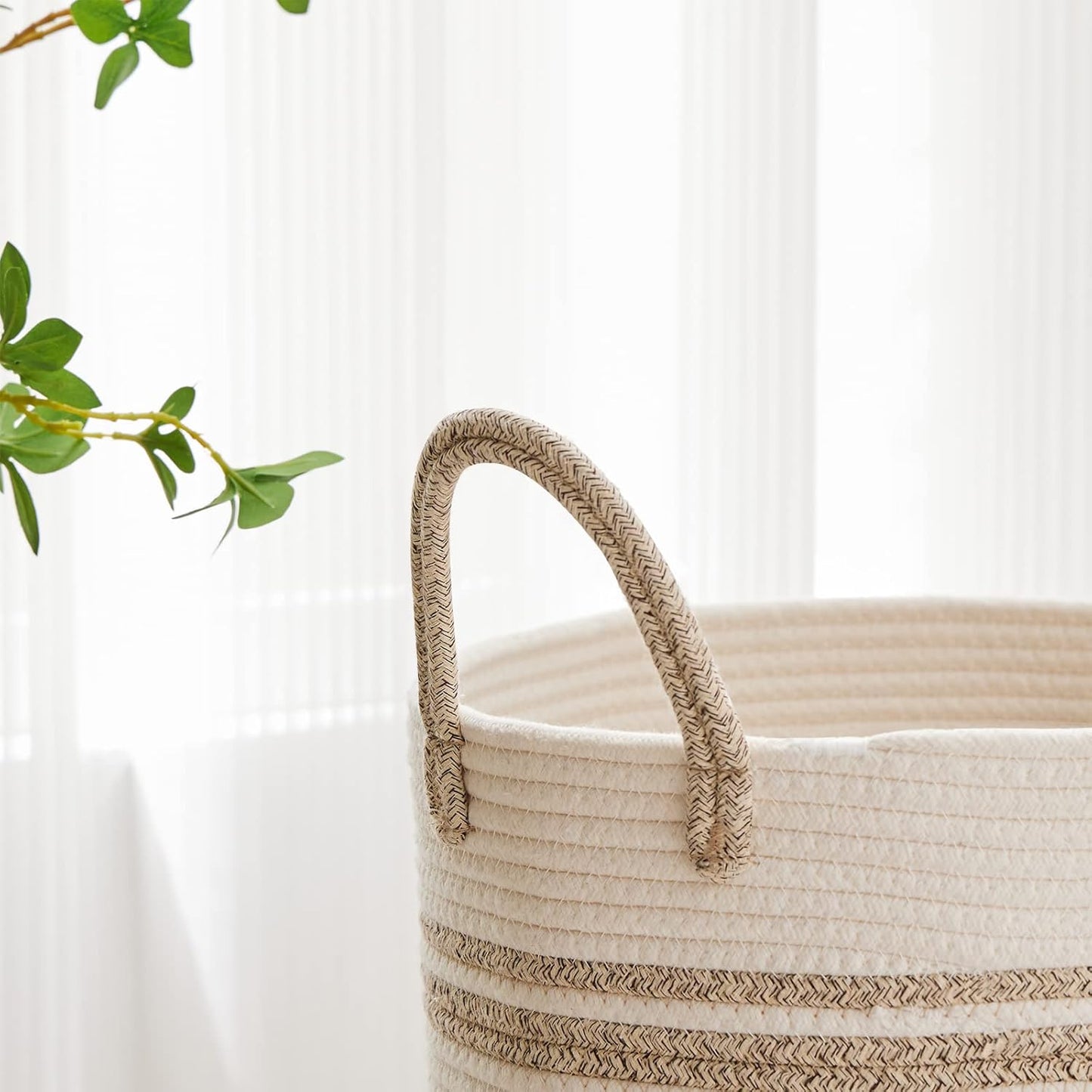 VIPOSCO Large Laundry Hamper, Tall Woven Rope Storage Basket for Blanket, Toys, Dirty Clothes in Living Room, Bathroom, Bedroom - 72L Brown & White