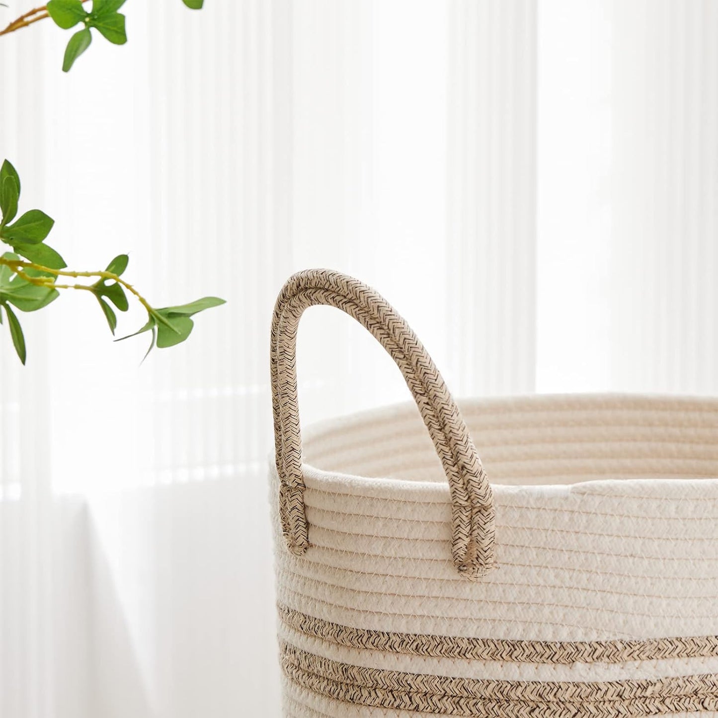 VIPOSCO Large Laundry Hamper, Tall Woven Rope Storage Basket for Blanket, Toys, Dirty Clothes in Living Room, Bathroom, Bedroom - 100L Brown & White