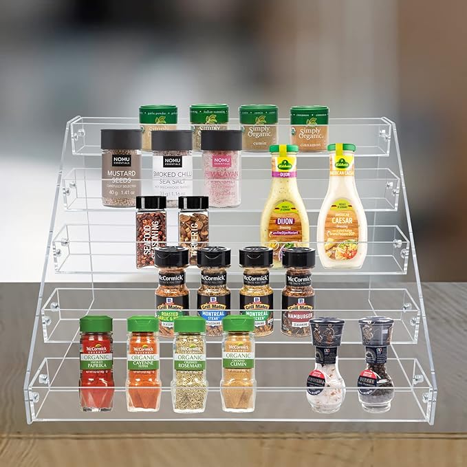 PMMASTO Tiered Spice Rack, Seasoning Organizer, Clear Acrylic Vertical Shelves Can Organizer for Countertop, Cabinet, Pantry, Kitchen Organization and Storage - 5 Tier