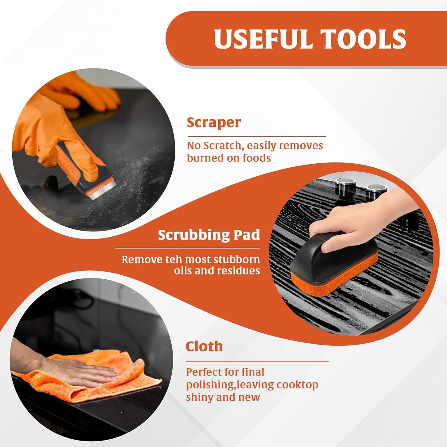 Glass Stove Top Cleaner Kit 12 oz, Cooktop Cleaner and Polish Non-Abrasive No Scratch Removes Tough Stains, with Scrubbing Pad, Handle, Scraper, Cloth