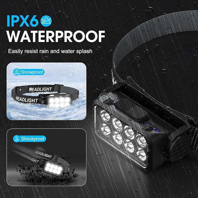 Rechargeable Headlamp Flashlight 2-Pack, 8 LED 2500 Lumen Ultra-Light Bright Headlight with Motion Sensor, Waterproof Lightweight Head Lamp for Adult Kid, Headlamps for Outdoor Camping Running Fishing