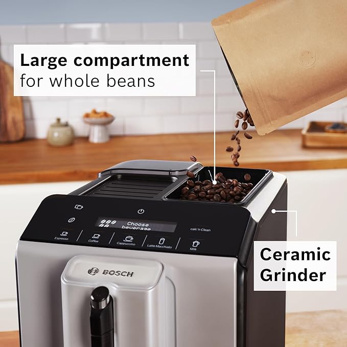 Bosch 300 Series Fully Automatic Espresso and Coffee Machine – In-Cup Frother, OneTouch Milk Drinks, 5 Drink Options, Ceramic Grinder, Easy Clean & Descale, in Silver TIU20307