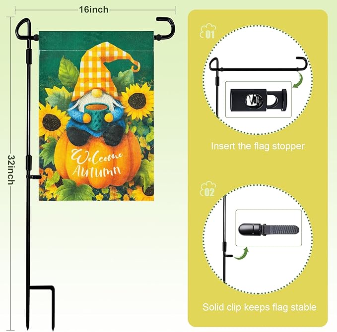 ROTERDON Fall Gnome Garden Flag 12x18 Inch with Stand, Welcome Autumn Sunflower Pumpkin Garden Flags Double Sided Metal Yard Flag Holder for Outside, Party Holiday Yard Decoration