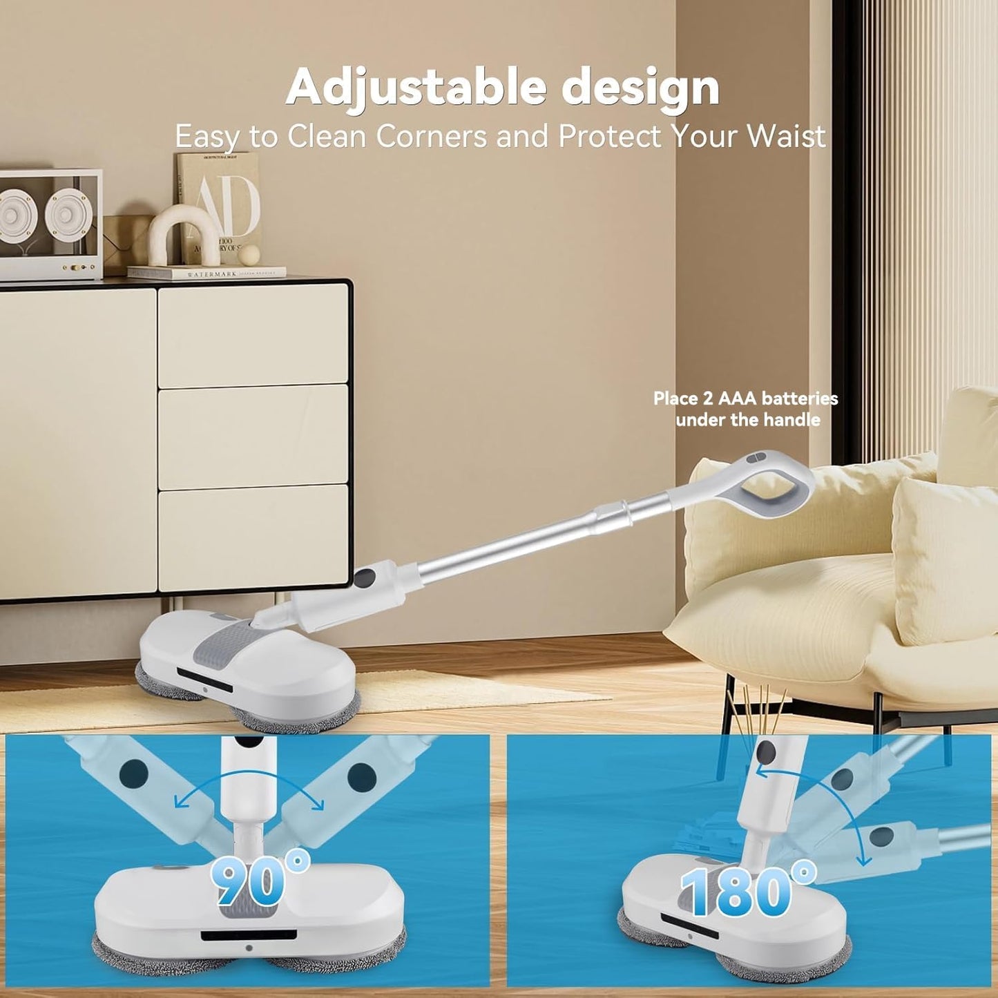 Cordless Electric Mop, Dual Motor Powerful Spin, Cordless Mop with LED Headlight/Water Sprayer, 250ML Large Water Tank Spin, Quiet Cleaning & Waxing-Suitable for Multi-layer Floors