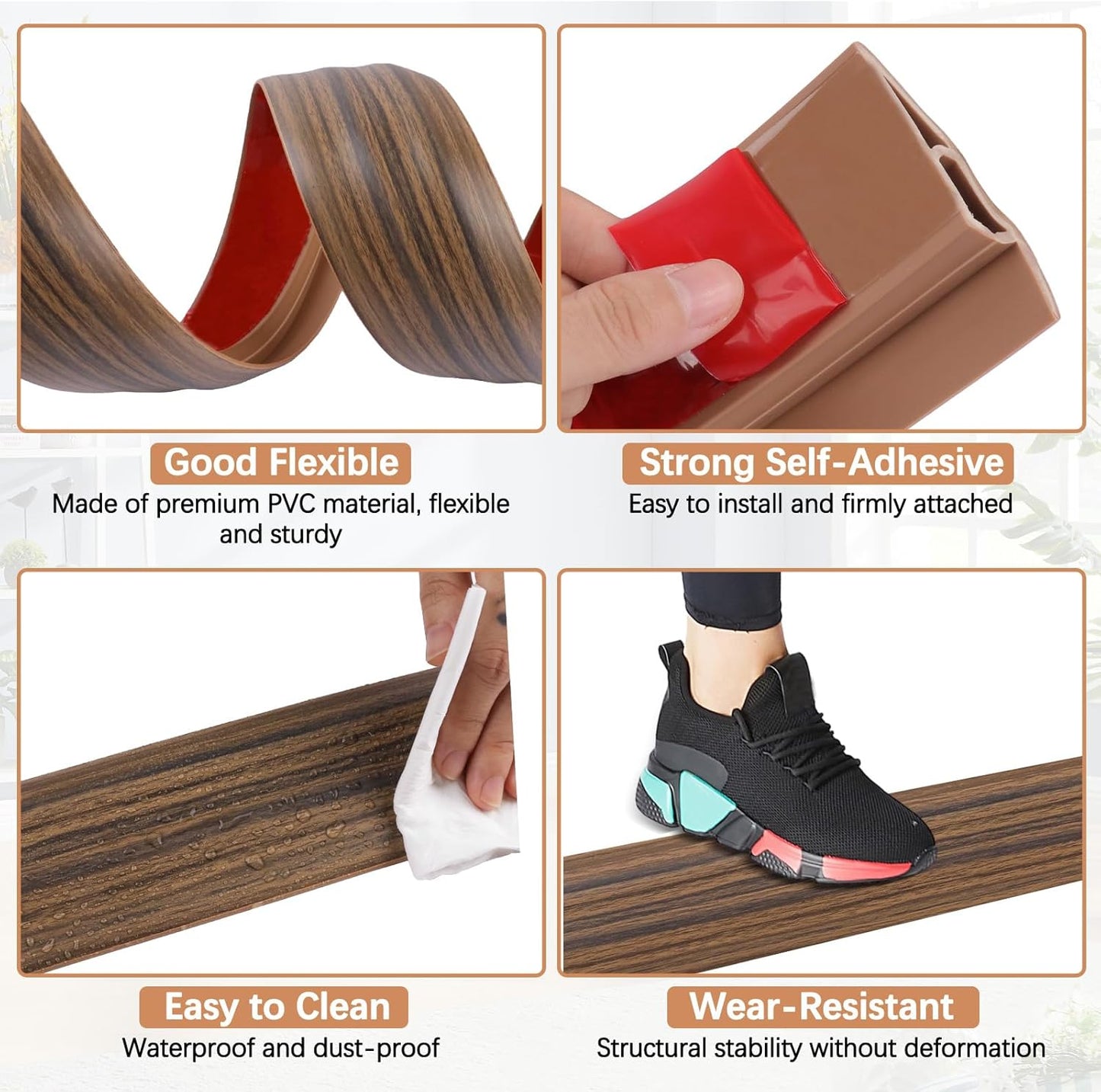 Vinyl Door Threshold Flooring Transition Strip Self Adhesive Carpet Edging Strip for Laminate Doorway Edge Threshold from 2/5" to 3/5" (Smoked Brown Wood Grain, 3.3 Ft)