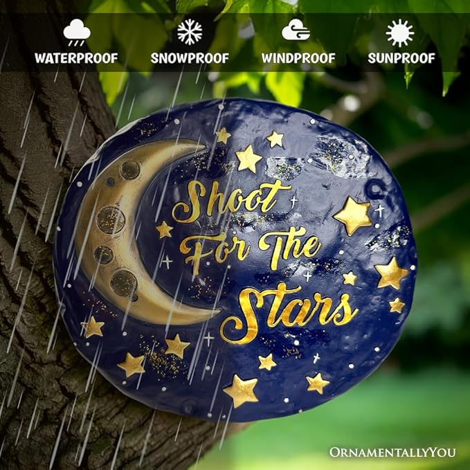 Elegant Resin Stepping Stone, Outdoor Garden Pathway Decoration (Shoot for The Stars Stepping Stone, 9.5" Galactic Moon and Stars Space Themed Gift)