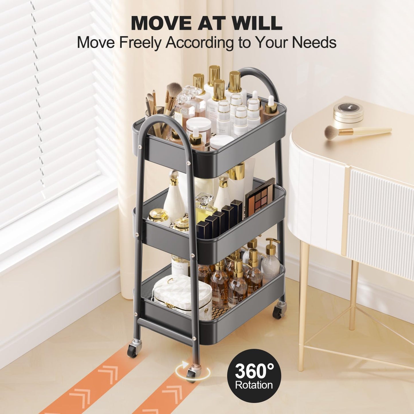 EAGMAK 3 Tier Rolling Cart, Large Metal Storage Cart with Handle and Lockable Wheels, Big Multifunctional Storage Organizer Trolley with Mesh Baskets for Kitchen, Living Room, Office, Garage (Black)