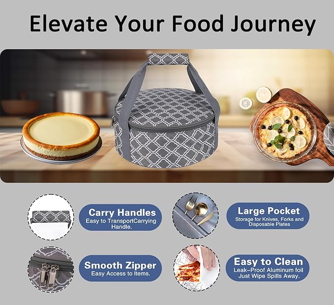 Round Portable Insulated Thermal Dish Carrier Bag for Pie and Cake Transport to Keep Food Hot/Cold/Fresh for Lunch, Potlucks Parties Gathering,Cookouts,Church Dinner,Outdoor Events-Sliver Grey
