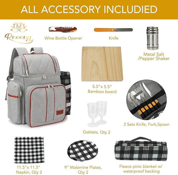 Rnoony Picnic Backpack for Camping, Picnic Basket for with Insulated Cooler Bag and Bottle Pouch,Camping Gifts for Couples with Lightweight Blanket and Cutlery Set for Family, Couple and Hiking